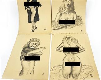 A73 LOT OF 4 EXOTIC CHARCOAL NUDE PRINTSSIGNED HB  9X12SMALL TEARSBLACKOUTS ARE NOT IN ORIGINAL