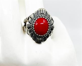 A88 STERLING SILVER WITH RED CORAL RINGSIZE 9WEIGHT APPROX. 7.8 DWT