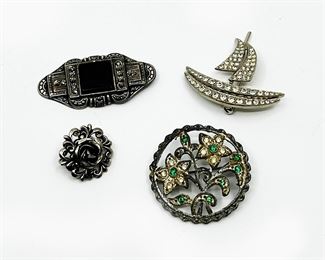 A89 VINTAGE LOT OF 4 COSTUME JEWELRY PINSROSE, FLORAL,BOAT AND ART DECO PIN