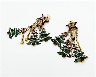 A90 RAREVINTAGE LUNCH AT THE RITZ CRYSTAL CHRISTMAS CLIP ON DANGLE EARRINGSXMAS TREES