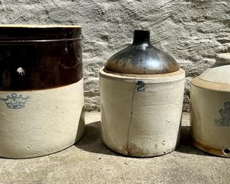 Vintage Heavy Stoneware: Robinson Ransbottom Crock, Covered Moonshine Jug & Chicken Feeder
Lot #: 113