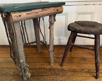 Hand Crafted Rustic Side Table With Tree Branches & Antique Wood Stool
Lot #: 71