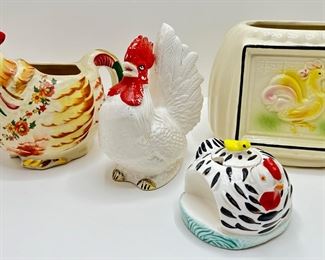 Vintage Shawnee Pottery Chanticleer Rooster Pitcher With Gold Accents, Covered Bowl , Canister & Other Pitcher
Lot #: 25