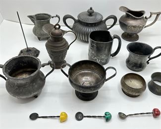 Vintage Weighted Sterling Silver Sugar Bowl & Silver Plate Bowls, Creamer, Cups & Stirrers (14 Pieces)
Lot #: 44