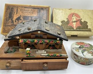 4 Vintage Jewelry Boxes Including Folk Art Music Box In Shape Of House
Lot #: 140