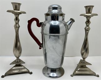 Mid-Century Chromed Cocktail Shaker With Red Bakelite Handle & Set Candle Sticks
Lot #: 134