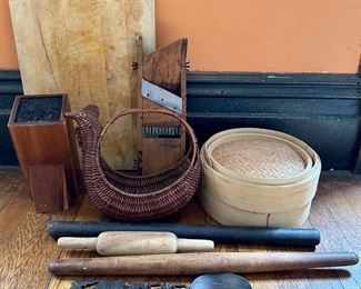 Kitchen Tools: Knife Holder, Steamer, Rolling Pins, Mandoline, Cutting Board & More, Mostly Vintage
Lot #: 148