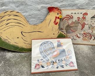 Rooster Art: Asian Drawing On Rice Paper, Cut Paper & Wood Plaque
Lot #: 117