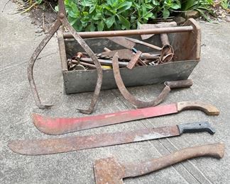 Vintage Tools In Tool Box Including Machetes, Axes, Scythes & More
Lot #: 186