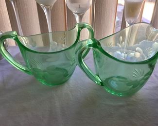 Green etched glass serving pieces