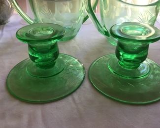 Green etched glass candle holders