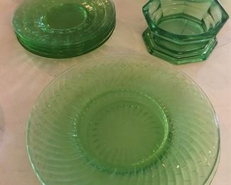 Green glass plates & bowls
