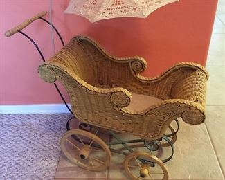 Vintage wicker & metal doll buggy