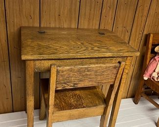 Children’s oak slant top desk with matching chair