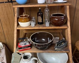 Bean pots, granite ware, vintage irons and ceramic dishes