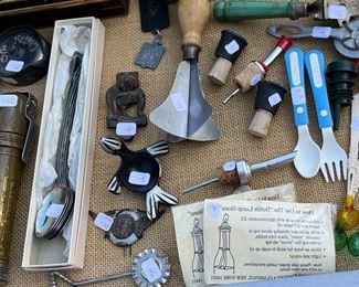 Working vintage Boy Scout flashlight, vintage liquor bottle pours, baby utensils and Rogers silver plated spoons