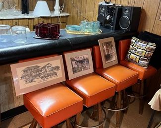 4 matching bar stools, sharp boom box, cranberry glasses, cigar jars, depression glassware and beautifully done art work