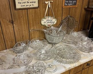 Cut glass punch bowl wit two glass scoops and assorted glassware