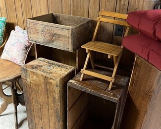 Primitive wood boxes and folding wood children's  chair