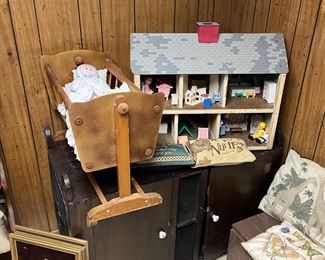 Doll house w/ accessories, baby doll cradle and large toy box