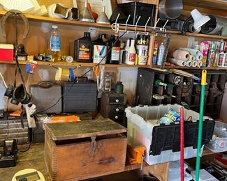 Automobile oil, funnels, 12 V battery operated skill drill, vintage wooden box,  electric portable fans and paint and paint accessories
