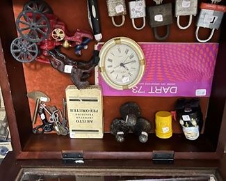 Locks and keys, case pocket knife, steel horse pulling cart, 1973 Dodge Dart owners Manuel, pedometer, Skelton keys, tin Kodak film canister