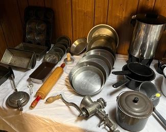 Rolling pin, meat grinder, cake pans, bread pans, baking pans, coffee maker and sauce pans