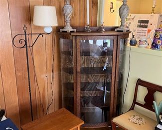 Iron floor lamp, pair of matching lamps, mission style side table, curio cabinet and chair