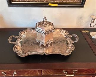 Beautiful silver plated box and etched and footed tray.