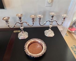 Nice German silver candlesticks and a wine coaster.