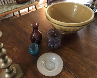 Glass, mint yellowware bowl, brass candlesticks