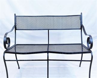 Vintage mesh wrought iron outdoor garden loveseat bench with scrolling arms, possibly by Woodard or at least in the style of Woodward ........To register in order to place bids go to www.capitolsalesservices.hibid.com