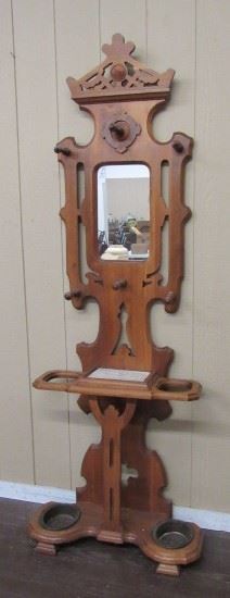 Victorian Walnut Hall Tree w/Umbrella Racks & Cast Iron Drip Pans