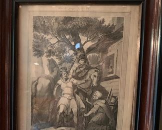 antique etching in walnut frame