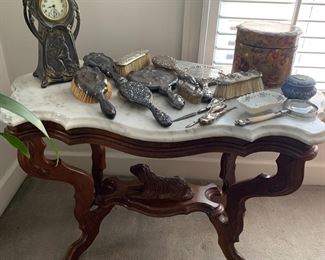 Note the dog on the marble top table! Silver dresser items, collar box