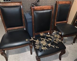 set of 4 chairs; pair of iron and brass sconces