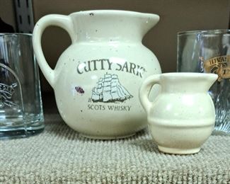 Pottery. Frankoma miniature pitcher, Cutty Sark. Chivas Regal glassware