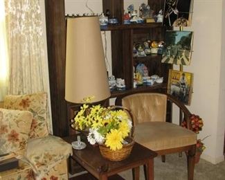 The other half of the mid century pieces, music boxes on the shelf in back, Spring pole LP record display