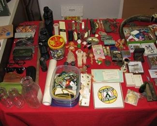 Smalls table, local milk bottles, vintage girl scout items