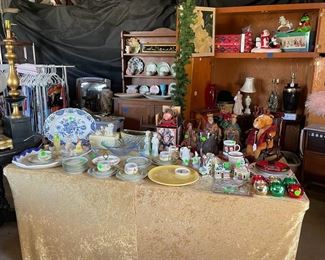 So much beautiful fabric, new/never used, plates, dishes, Christmas decor, ornaments, figurines, lamps, garland, cups, mugs, 