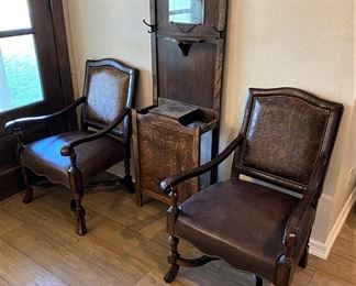 ANTIQUE HALL TREE AND 2 AWESOME LEATHER EXECUTIVE CHAIRS.