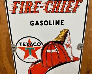 ANTIQUE IN VERY NICE CONDITION TEXACO FIRE-CHIEF GASOLINE SIGN. DATED 3-10-47.