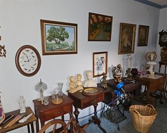 Busts, Wall Art, Pretty frames, Vintage furniture , side tables, statuettes, vintage sewing machine, baskets