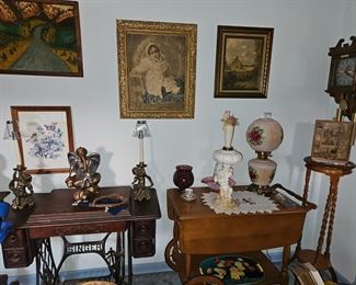 statuettes, wall art, gone with the wind lamp, tea cart, antique sewing machine