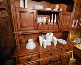 Maple China hutch with drawers, milk glass pitcher set