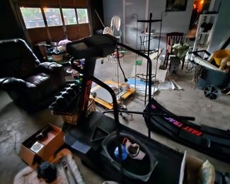 workout equipment, plant stands, chairs