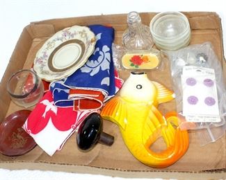 Large Vintage LOT Glass Door Knob, WWII Era Rosenthal German US Zone Stamped Porcelain Plate, Decoratives, Hankies, Buttons, and more!
