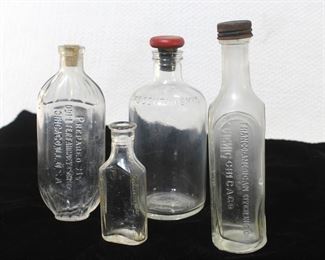 Group of 4 Rare Antique Apothecary Bottles, Franco-American Hygienic w/Cap, Dr. Peter Fahrney & Sons w/Cork, 'This Contains..' Warning Embossed Glass w/Cork