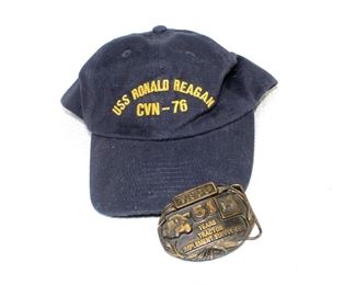 Vintage Military USS Ronald Reagan CVN – 76 Hat, Rare Numbered TISCO Tractor Co. Serial No. Belt Buckle