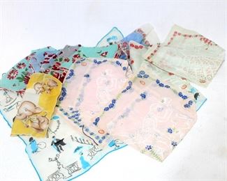 Charming Group of 1930's Sheer Smock Cotton Printed Hankies, Some NOS!